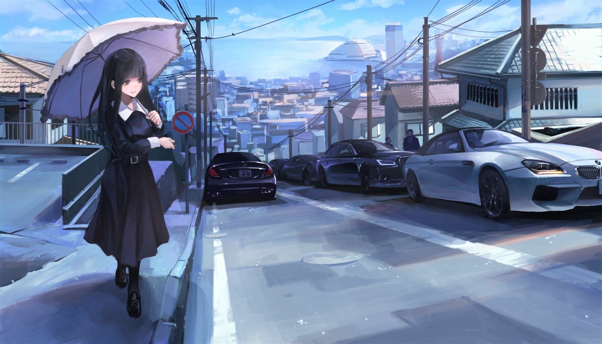 Anime-style cityscape features a girl with an umbrella standing by a street lined with sleek cars, captured in an HD PC desktop wallpaper background.