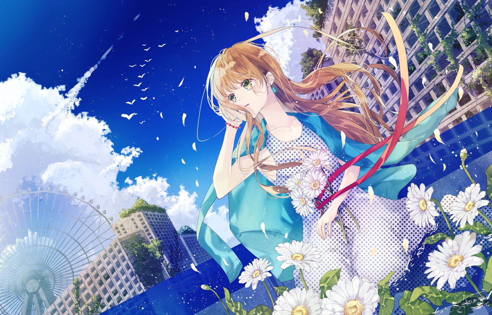 HD anime desktop wallpaper featuring an anime girl with flowing hair surrounded by white flowers against a bright blue sky and cityscape backdrop.