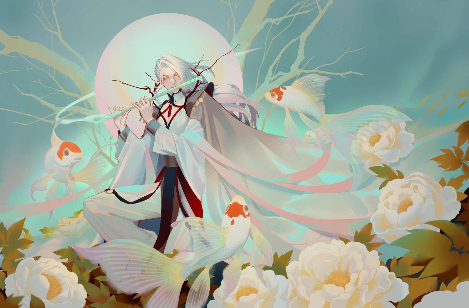 Download Yellow Eyes Long Hair Flute Fish White Hair Anime Original 4k Ultra HD Wallpaper by Lian Yao