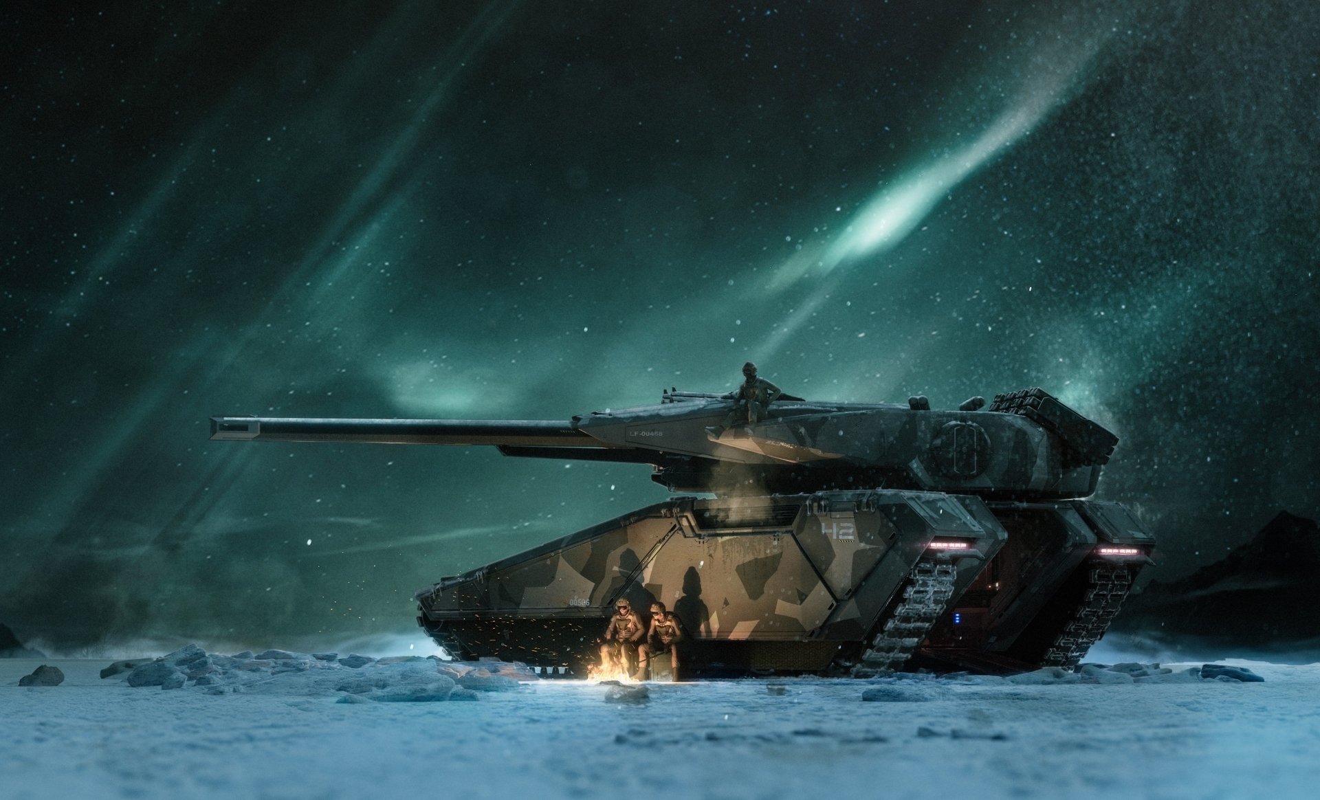Star Citizen video game 2K Quad HD PC desktop wallpaper and background: armored hover tank on a snowy plain beneath a green aurora, crew huddled by its engine glow.
