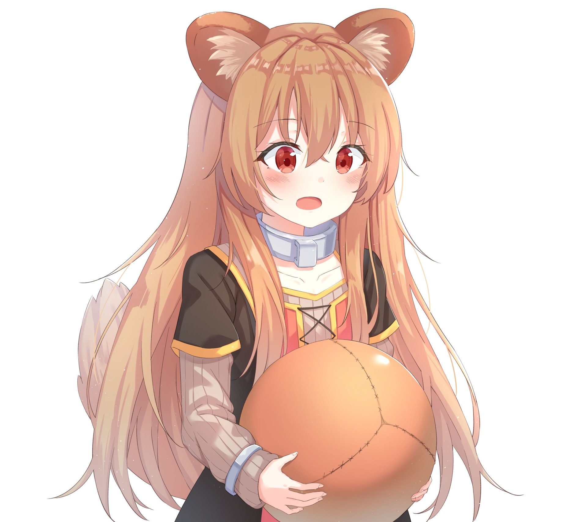 4K Ultra HD anime wallpaper featuring Raphtalia from The Rising of the Shield Hero, showcasing her with long hair and holding a round object on a clean white background.