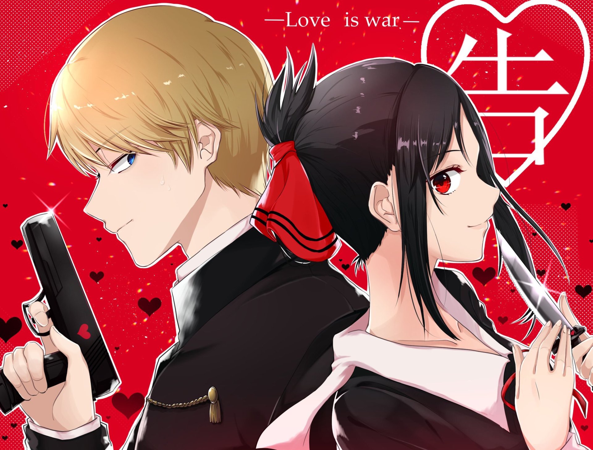 HD desktop wallpaper featuring Miyuki Shirogane and Kaguya Shinomiya from the anime Kaguya-sama: Love is War, set against a red background with hearts.
