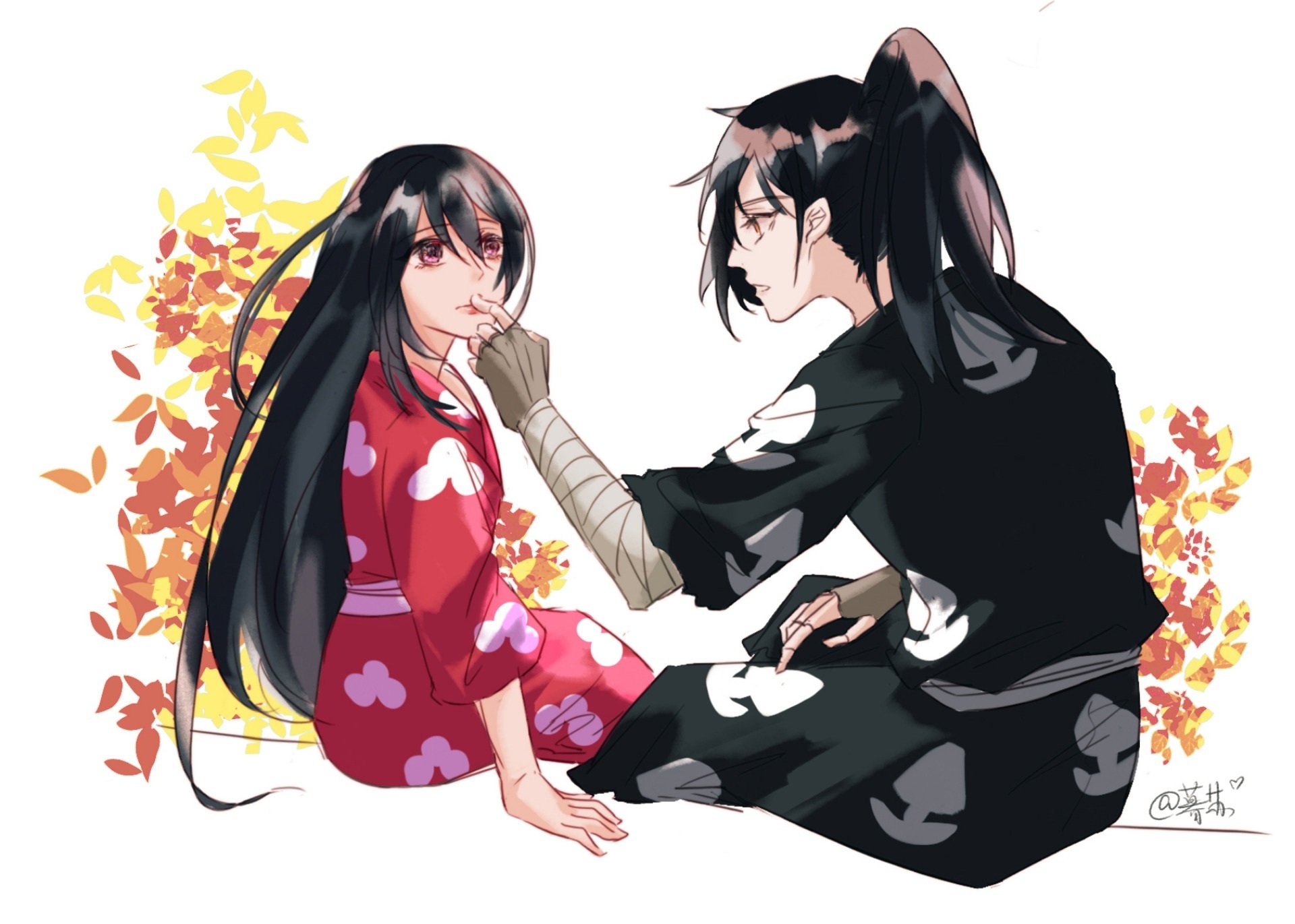 HD anime desktop wallpaper featuring Hyakkimaru and Mio from Dororo, with vibrant autumn leaves in the background.