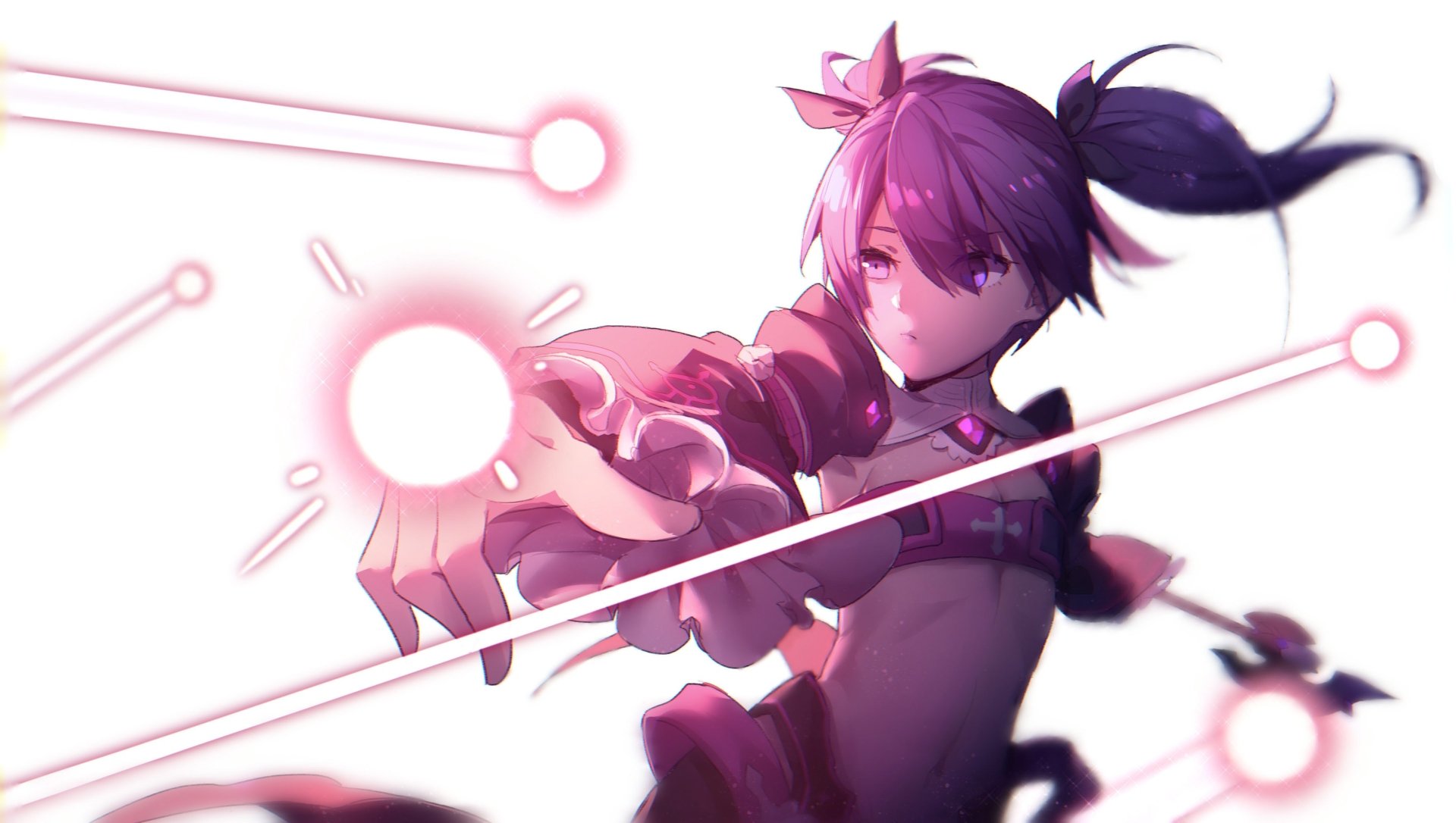 HD PC desktop wallpaper featuring Aisha from the video game Elsword, depicted casting a magical energy attack with dynamic pink and white effects.