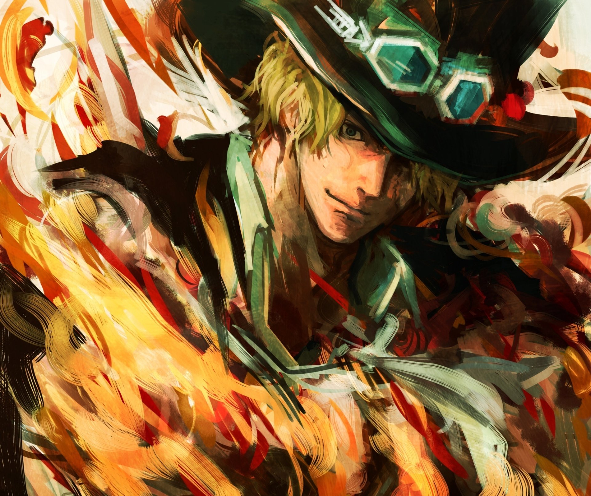 HD PC desktop wallpaper featuring Sabo from the anime One Piece in a dynamic, fiery art style.