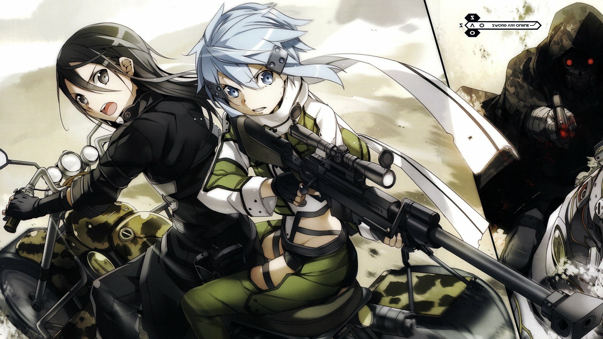 HD anime wallpaper featuring Death Gun, Shino Asada, and Kazuto Kirigaya (Kirito) from Sword Art Online II in dynamic action poses with weapons drawn.