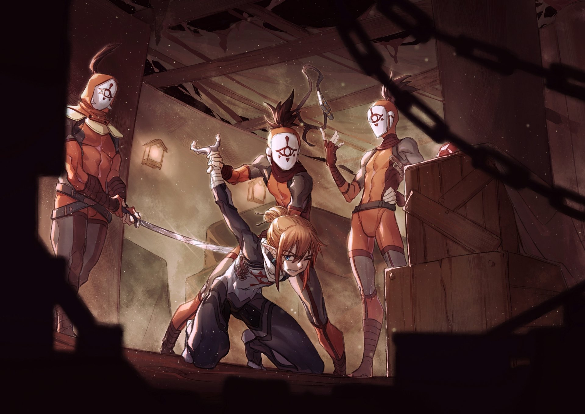 HD PC desktop wallpaper featuring Link from The Legend of Zelda: Breath of the Wild surrounded by masked enemies in a dimly lit, tense scene.