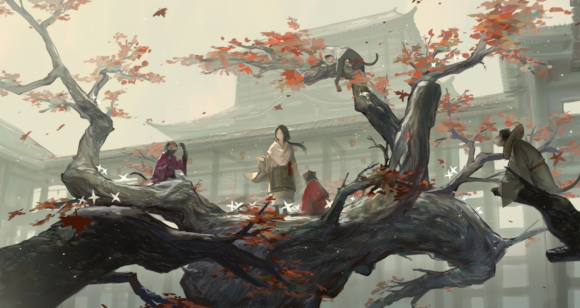 HD PC desktop wallpaper from the video game Sekiro: Shadows Die Twice, featuring characters around a large, twisted tree with red leaves in a traditional Japanese setting.