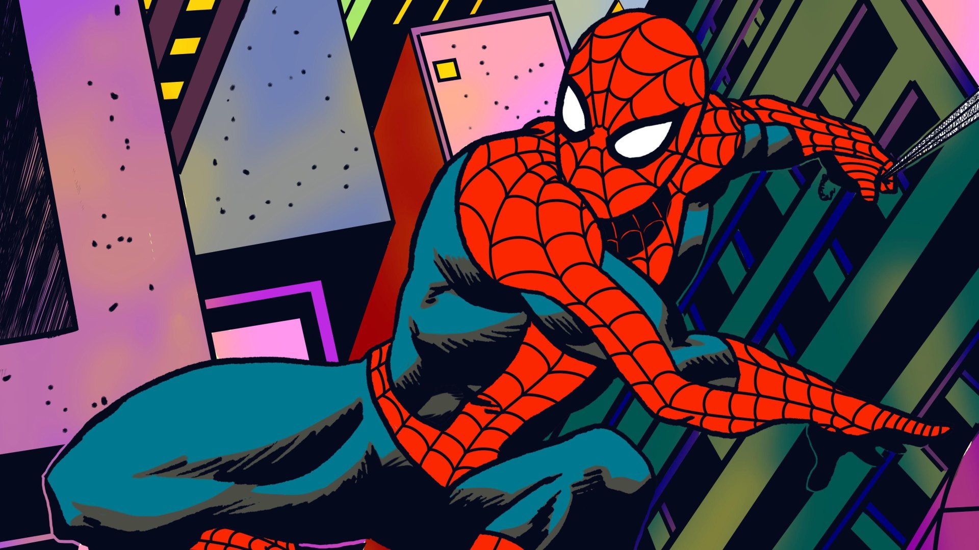 Comic-style Spider-Man swinging past neon-lit skyscrapers, bold linework and vivid colors — 4K Ultra HD PC desktop wallpaper background.