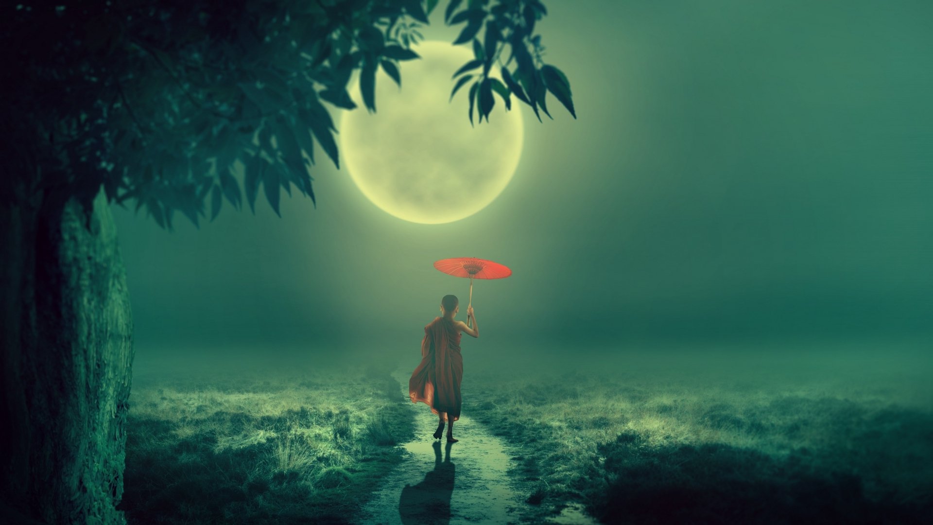 Download Monk Full Moon Umbrella Fantasy Child 4k Ultra HD Wallpaper