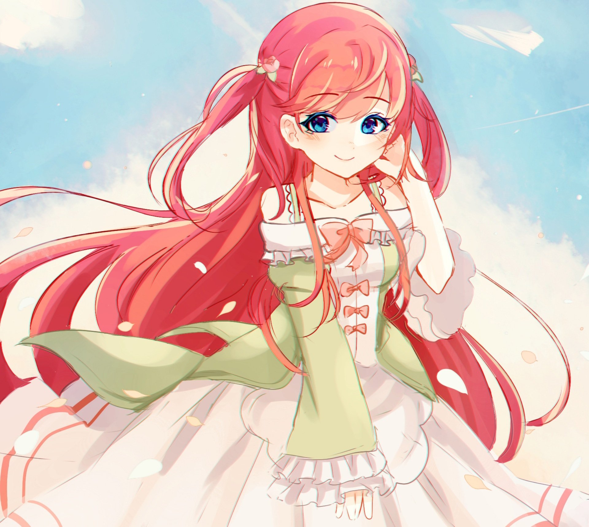 Thesia van Astrea from Re:Zero anime, depicted with flowing red hair and a green dress against a bright sky, featured in an HD PC desktop wallpaper.