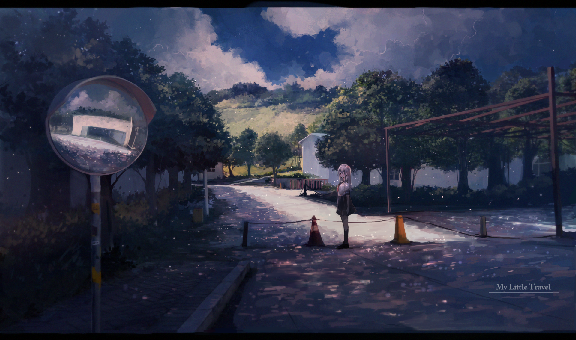 A serene HD desktop wallpaper featuring an anime scene of a quiet street with a solitary figure under a blue sky, surrounded by trees and a reflection in a street mirror.