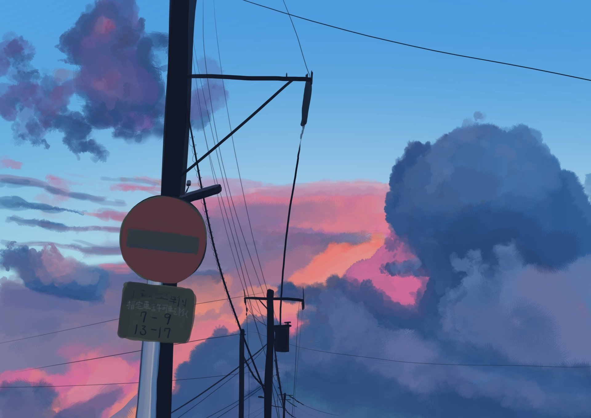 Anime-style 2K Quad HD PC desktop wallpaper: telephone poles and wires silhouetted against a vivid sunset sky with pink, purple and blue clouds.