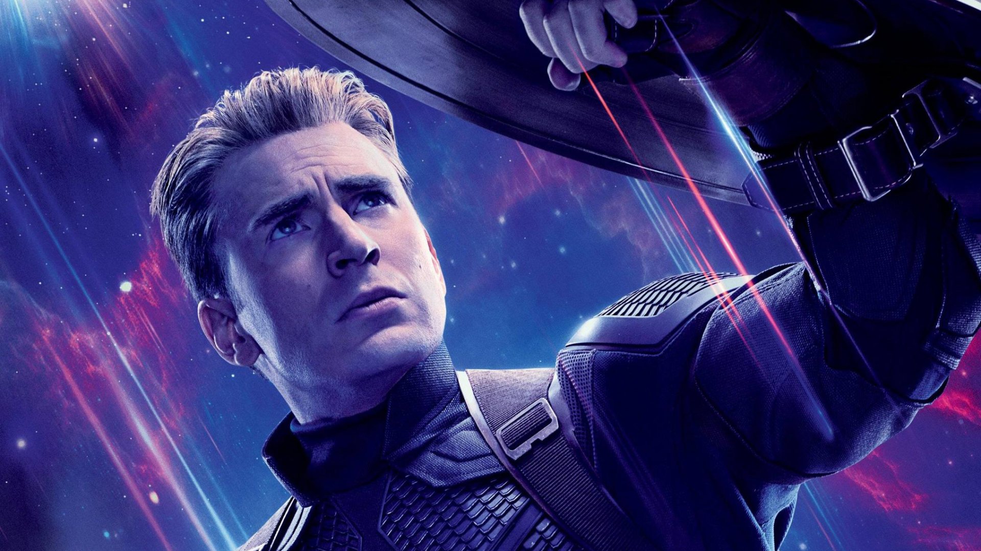 HD desktop wallpaper featuring Chris Evans as Captain America from the movie Avengers EndGame, set against a cosmic background with vibrant colors and dynamic lines.