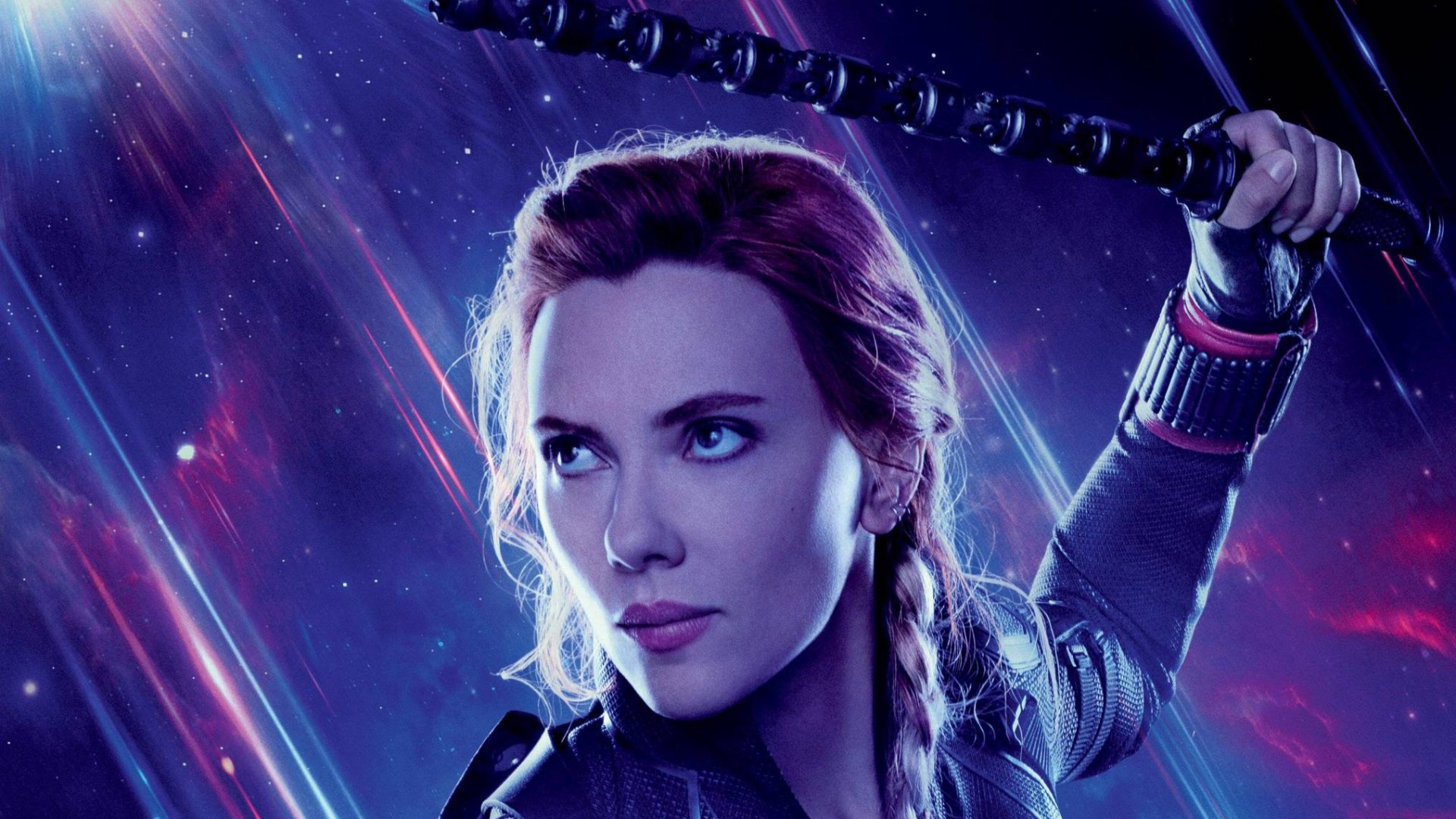 HD desktop wallpaper featuring Scarlett Johansson as Natasha Romanoff, also known as Black Widow, from the movie Avengers Endgame. The image shows her holding a weapon with a determined expression.