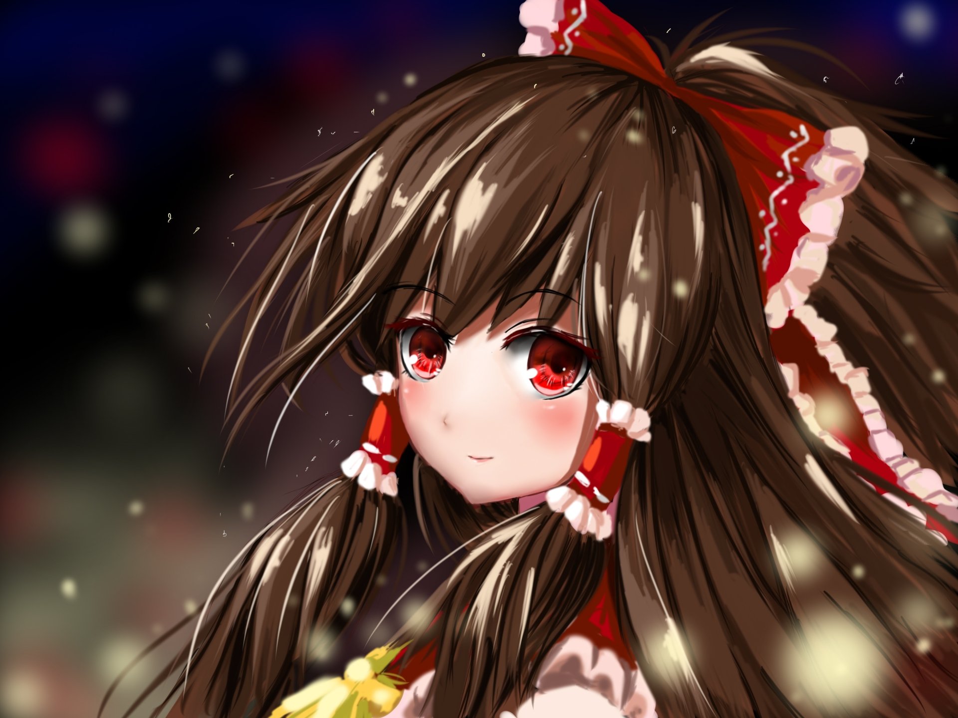 4K Ultra HD anime wallpaper featuring Reimu Hakurei from Touhou, showcasing her detailed red eyes and traditional outfit against a softly blurred dark background.