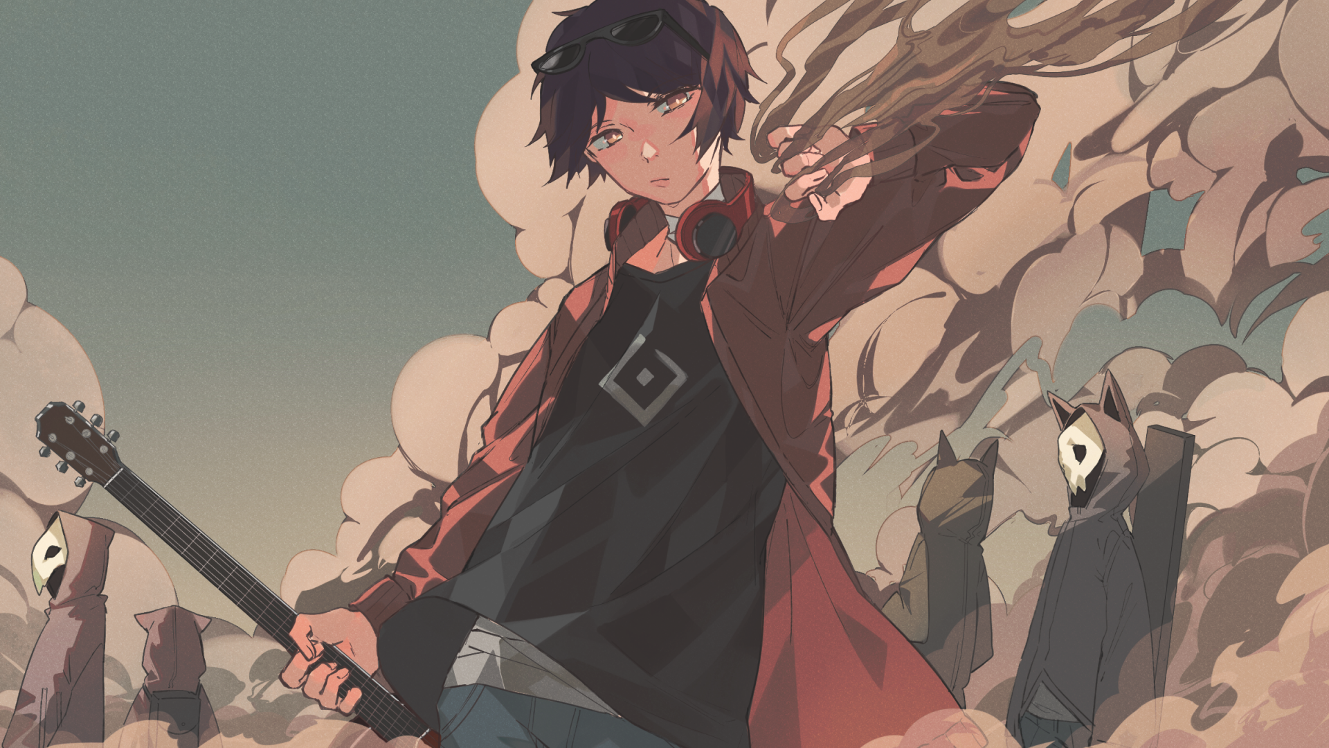 HD anime-style Vocaloid character with dark hair and headphones, holding a guitar, set against a dramatic cloudy background, designed as a PC desktop wallpaper.