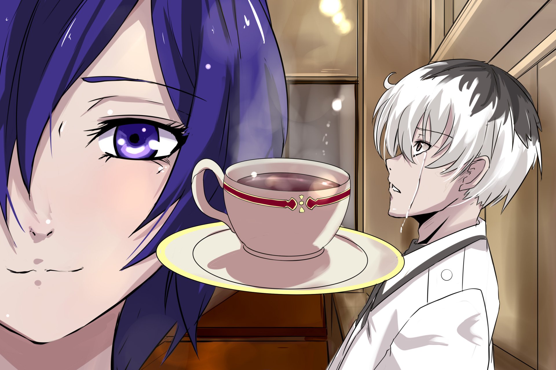 Download Blue Eyes Blue Hair Touka Kirishima Tears White Hair Ken Kaneki Anime Tokyo Ghoul:re HD Wallpaper by shinian69