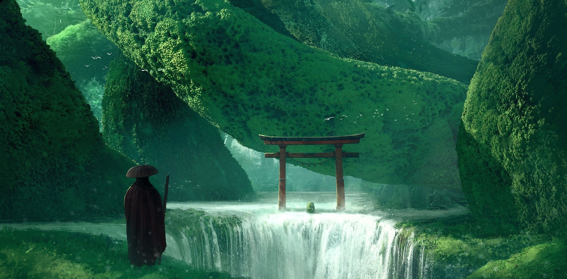 Fantasy-themed HD PC desktop wallpaper featuring a lone man in a hat standing by a waterfall, with a red torii gate framed by lush, moss-covered arches in a mystical forest.