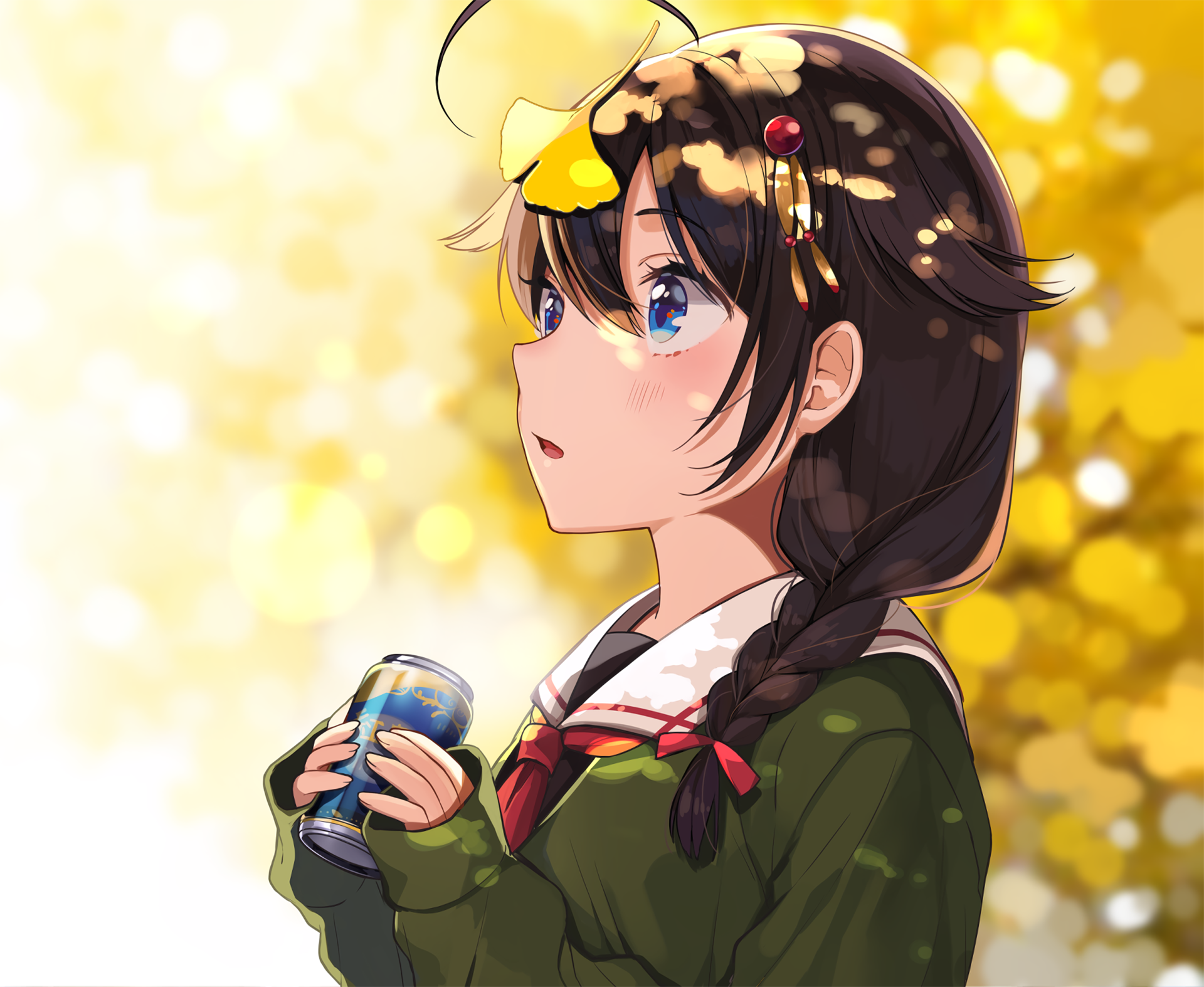 High-definition anime wallpaper featuring a girl with braided hair, holding a beverage can, set against a vibrant, bokeh background of golden lights.