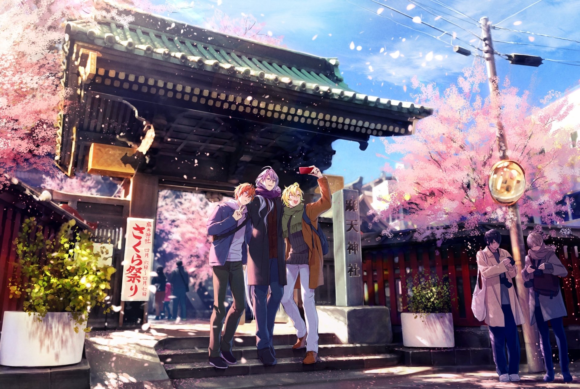 HD anime PC desktop wallpaper of Hypnosis Mic trio Doppo Kannonzaka, Jakurai Jinguji, and Hifumi Izanami under a temple gate surrounded by cherry blossoms.