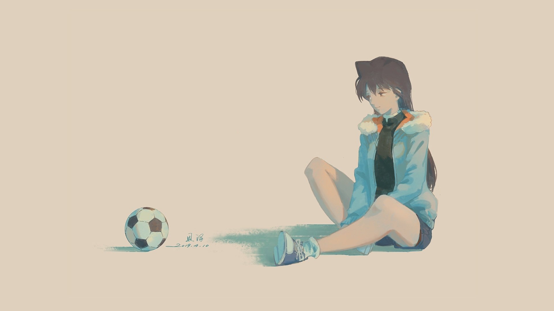 HD PC desktop wallpaper of Mouri Ran (Anime, Detective Conan) seated in a sports jacket with a soccer ball on a minimalist beige background, rendered in a soft painterly style.