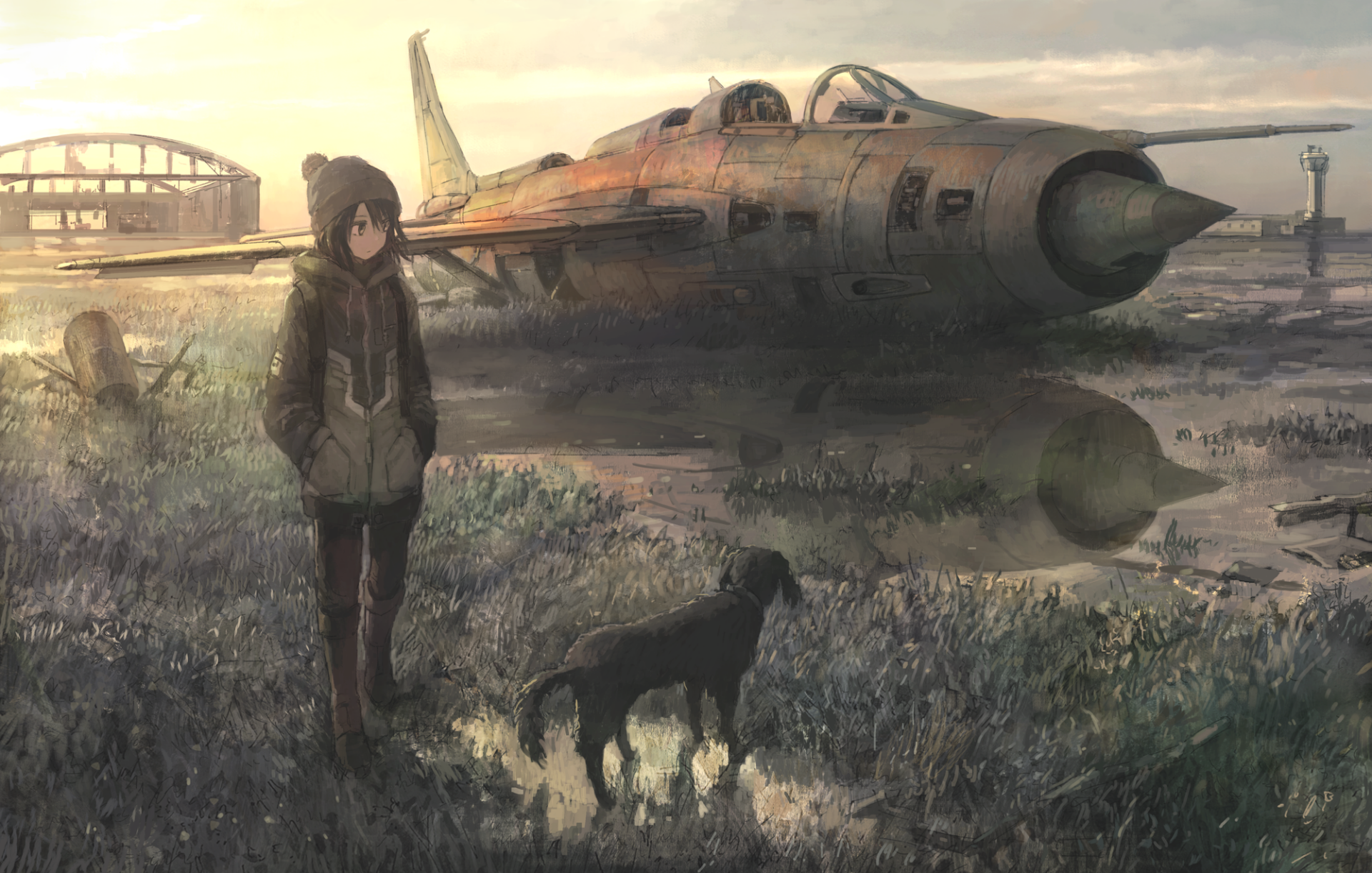An anime-style scene featuring a person with black, short hair, and brown eyes wearing a hat, standing with a dog in front of a wrecked airplane. The background shows an abandoned airstrip at sunset.