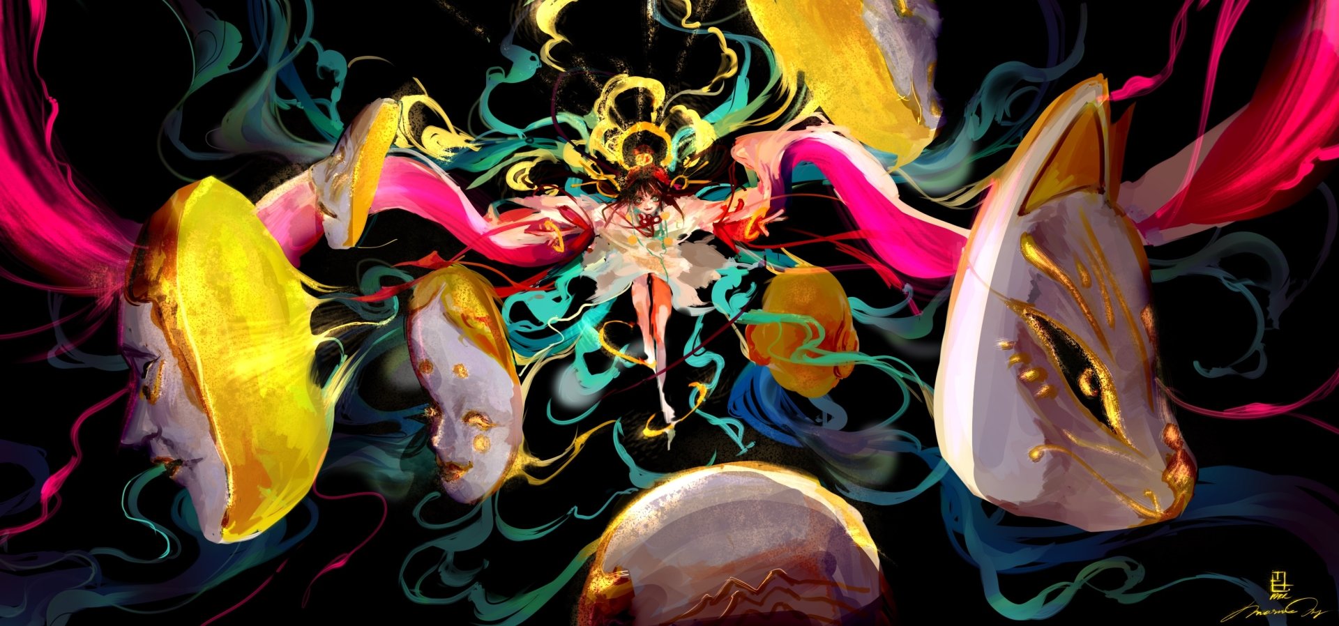 HD anime wallpaper featuring Menreiki from Onmyouji, showcasing dynamic colors and mystical mask elements in a vivid Onmyoji-themed design.