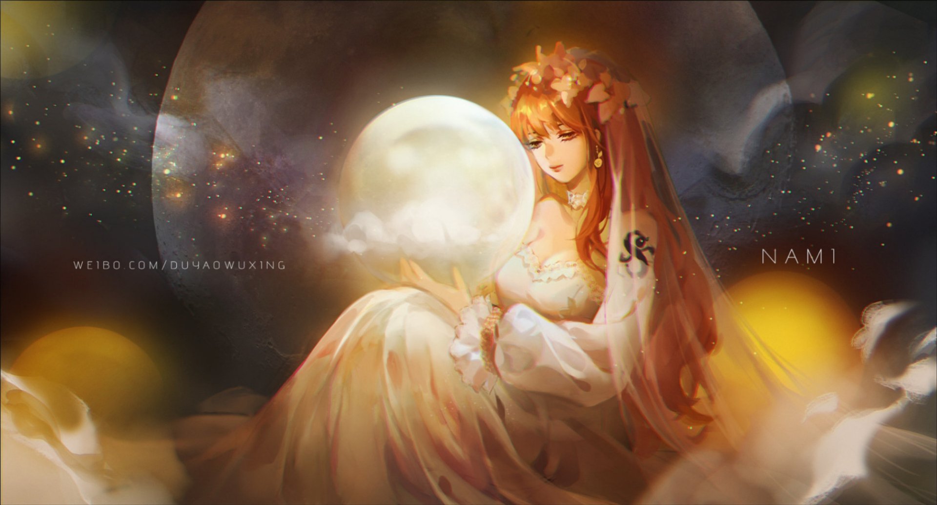 HD PC desktop wallpaper: Nami (One Piece) anime — bride-like Nami in a flowing gown, holding flowers before a glowing full moon, bathed in soft golden light and a dreamy background.
