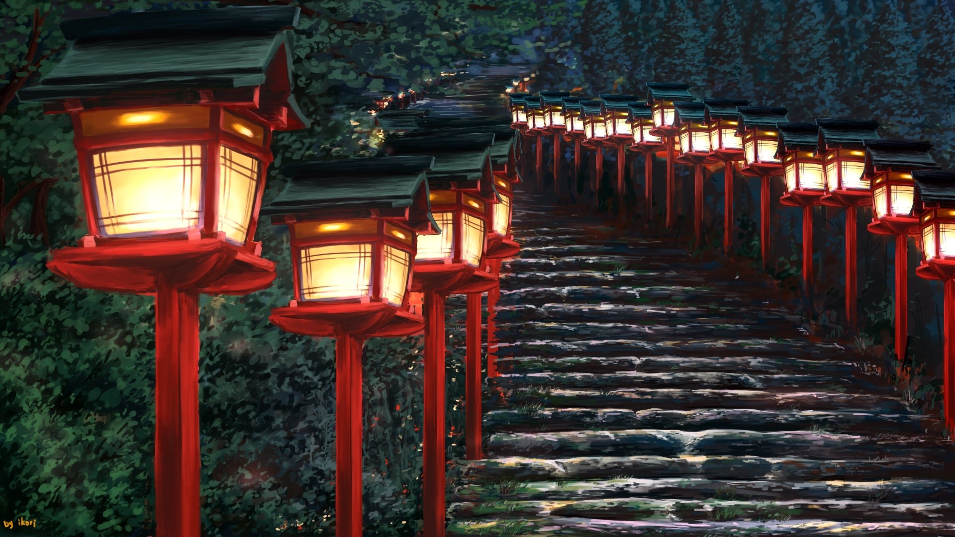 Anime-style 4K Ultra HD wallpaper of stone stairs lined with glowing red lanterns, set against a dark, forested background.