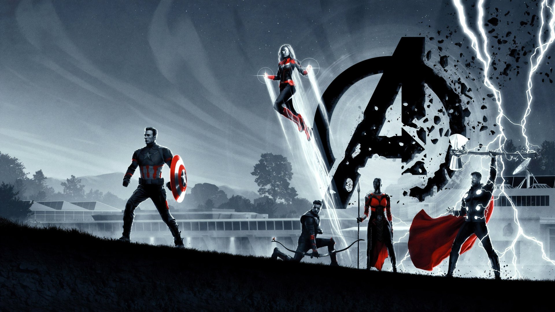 8K Ultra HD wallpaper featuring Ant-Man, Captain Marvel, Okoye, Hawkeye, Thor, and Captain America with the Avengers logo in a dramatic black and white scene from Avengers EndGame.