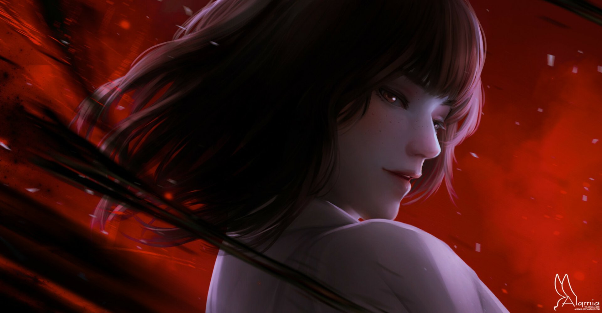 HD anime-style original artwork of a woman with flowing dark hair against a vivid red background, designed as a PC desktop wallpaper.