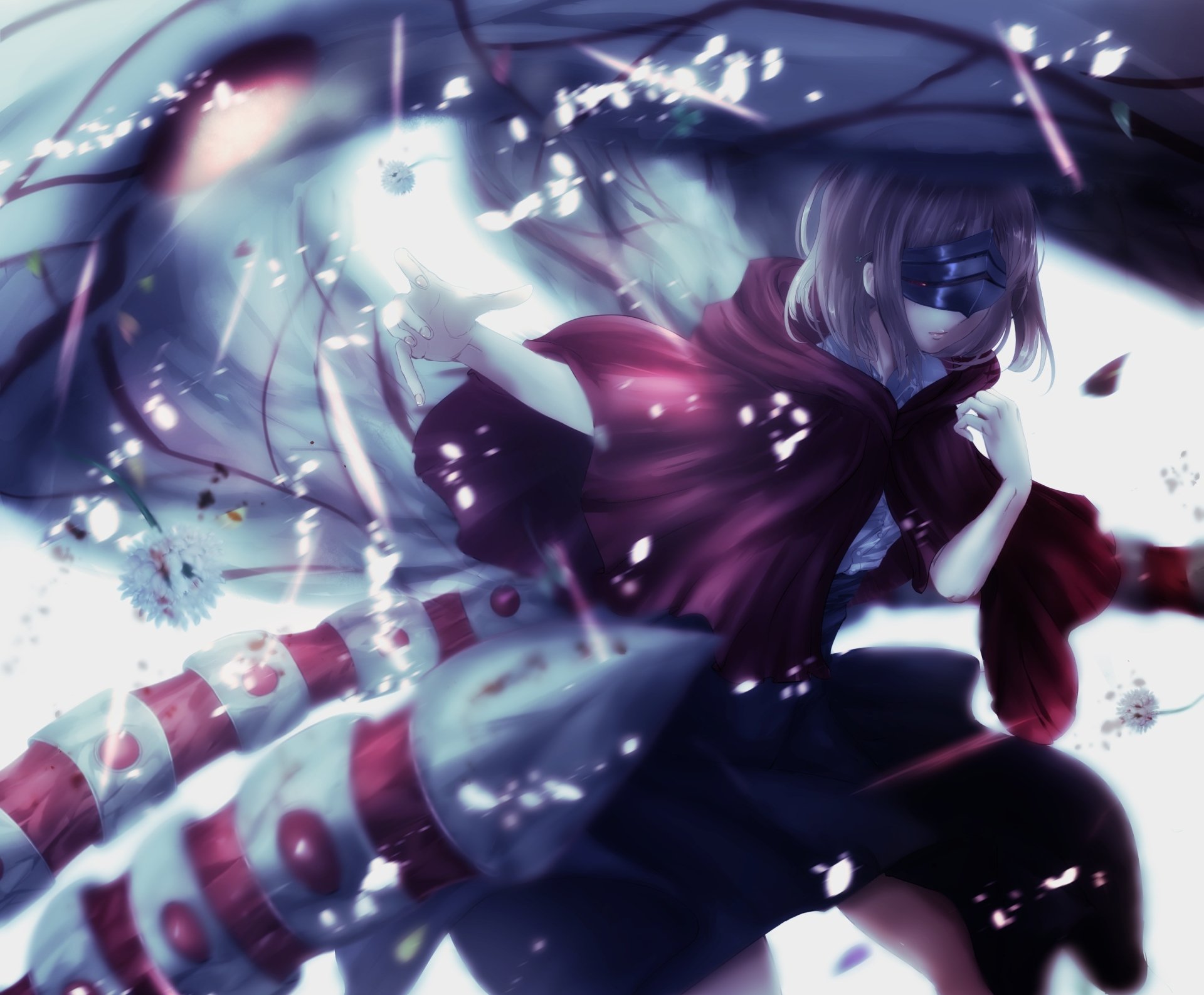 Hinami Fueguchi (Tokyo Ghoul:re) anime portrait: red cloak and flowing ribbons amid falling petals and moody light — 2K Quad HD PC desktop wallpaper/background.