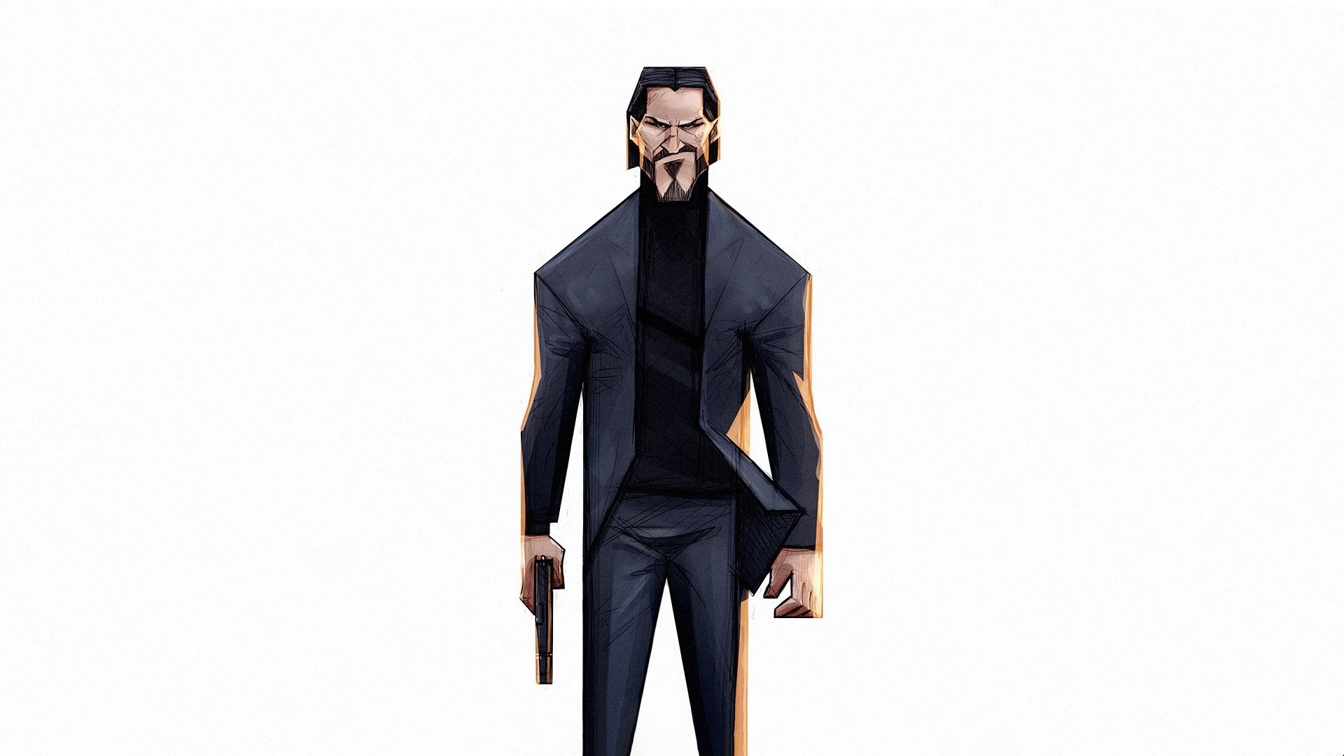 Stylized HD PC desktop wallpaper featuring Keanu Reeves as John Wick, holding a gun in a sleek black suit against a white background.