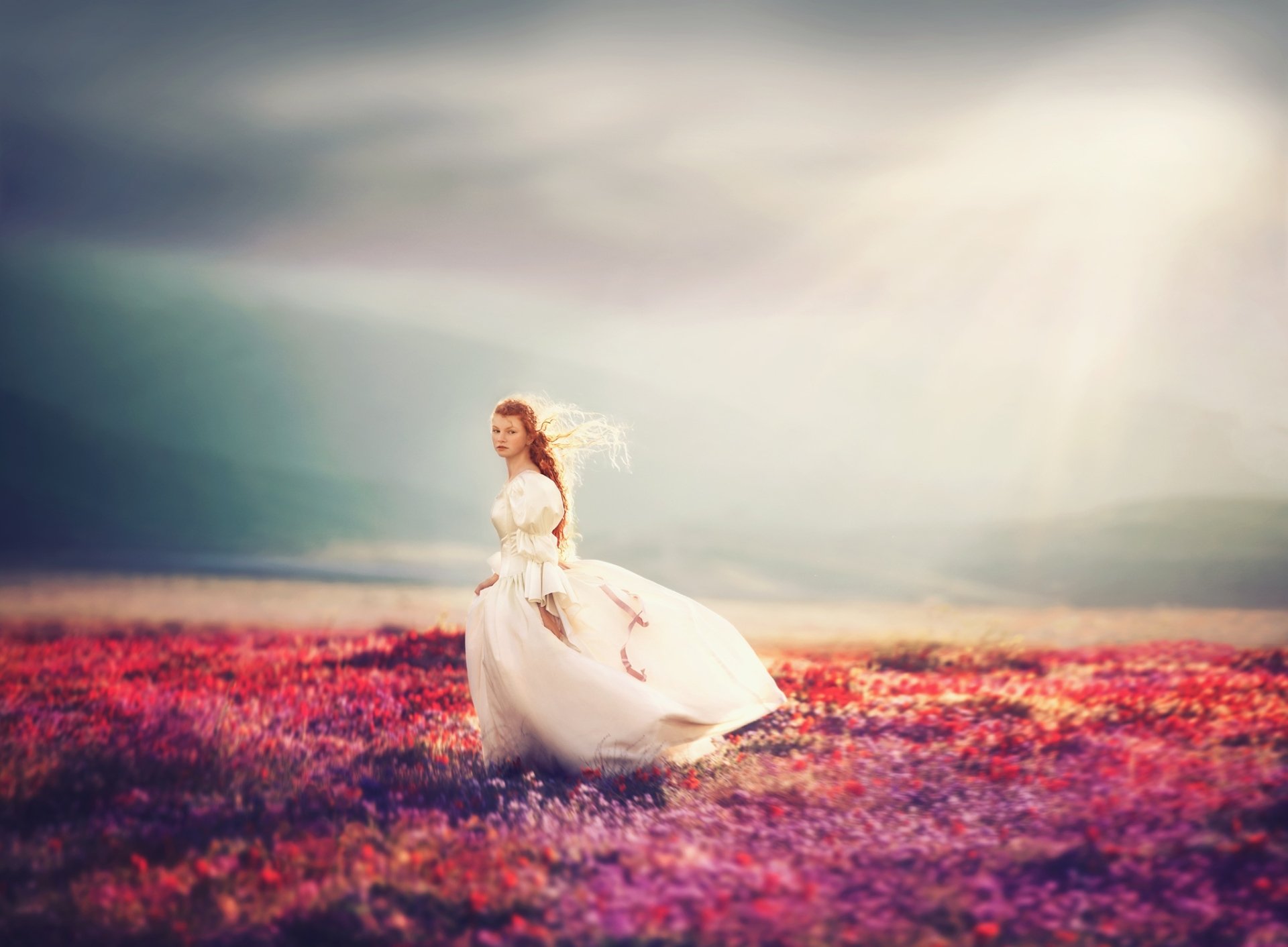 Download Sunbeam Wedding Dress White Dress Long Hair Redhead Woman Bride HD Wallpaper
