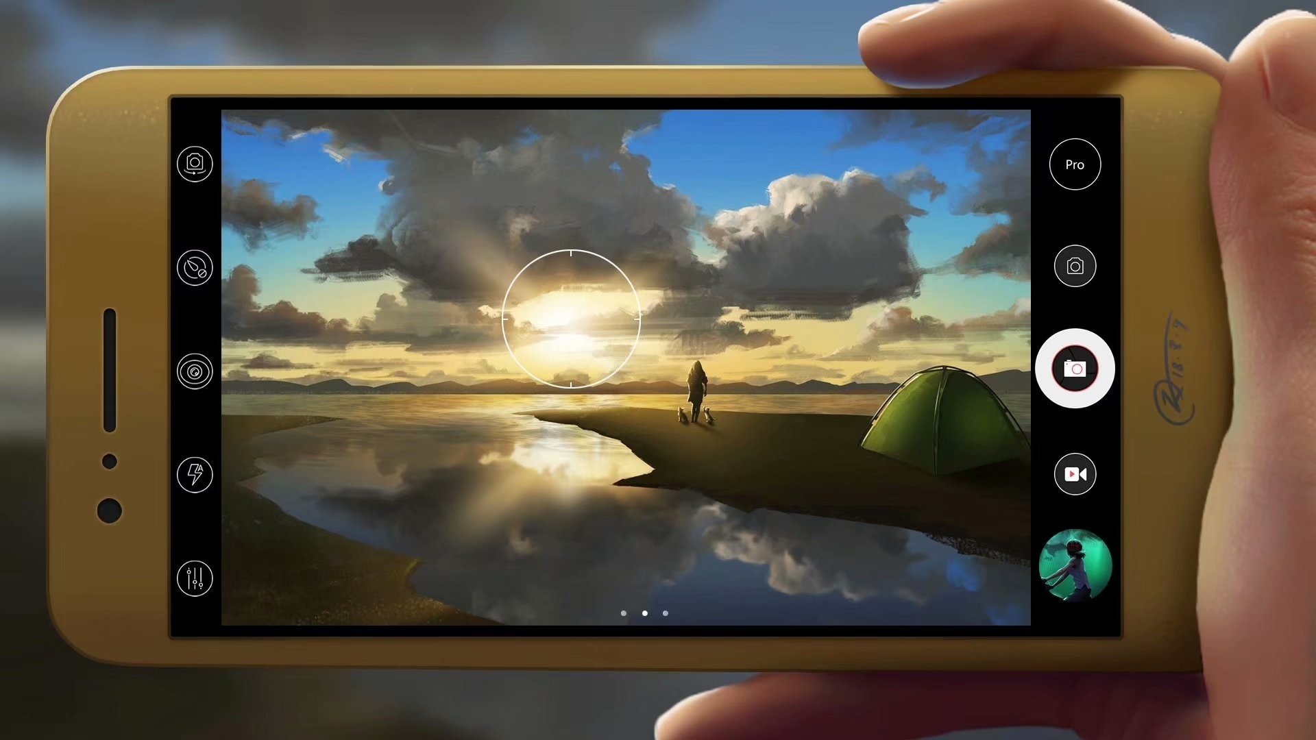 An HD PC desktop wallpaper featuring an original anime sky scene with a person and a tent by calm reflective water, captured through a smartphone camera.