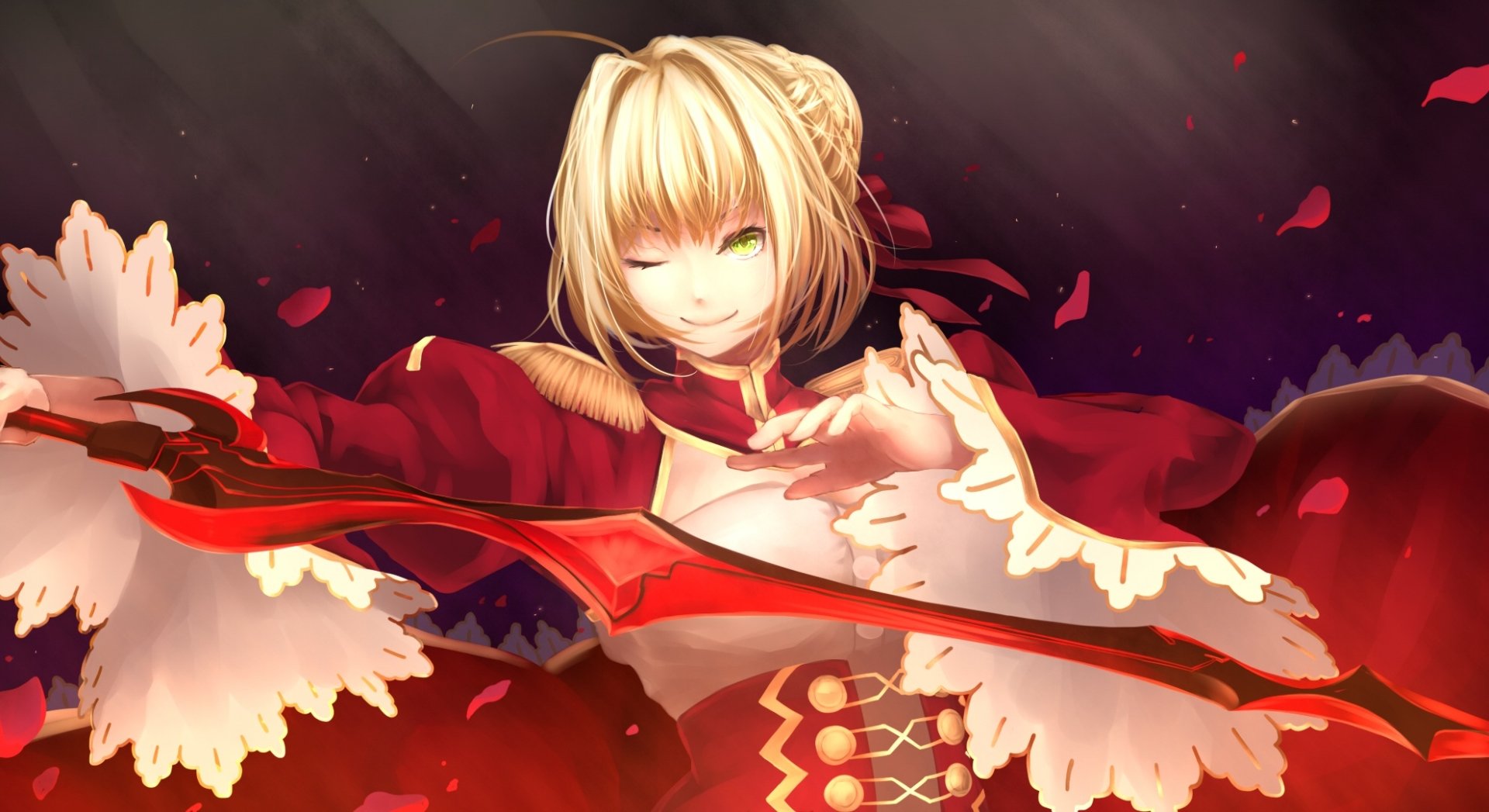 HD PC desktop wallpaper featuring Nero Claudius, the Red Saber from Fate/Grand Order, with fiery red and gold tones and dynamic, flowing details.