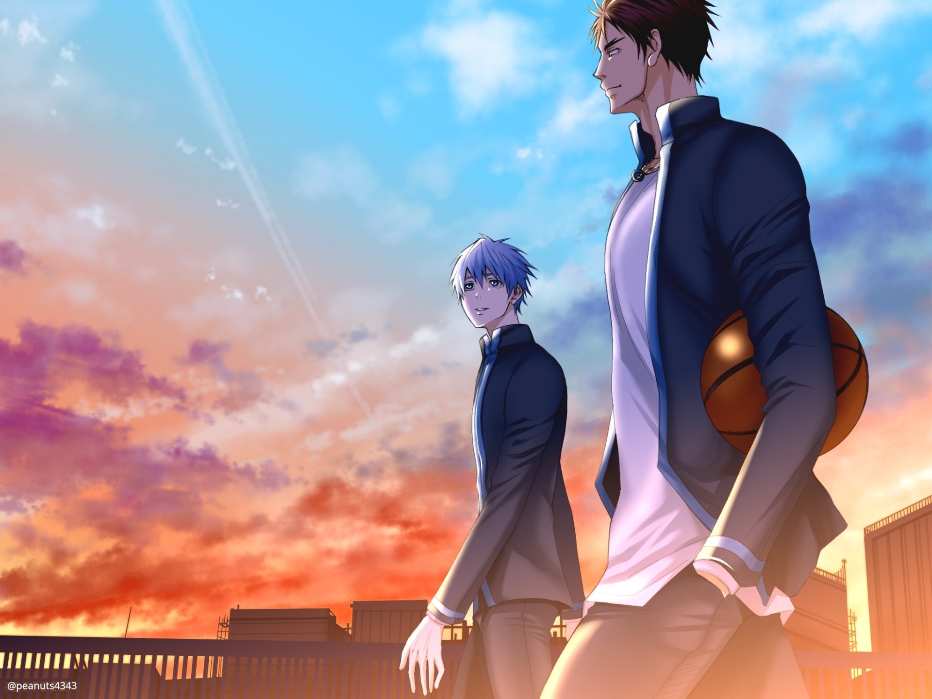 HD anime desktop wallpaper featuring Taiga Kagami and Tetsuya Kuroko from Kuroko's Basketball against a vibrant sunset sky.