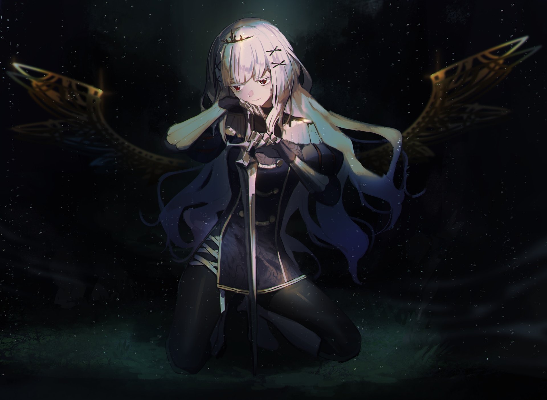 Anime-style original character kneeling with a sword, dark ethereal wings, and soft glowing accents, rendered in 4K Ultra HD for PC desktop wallpaper and background.