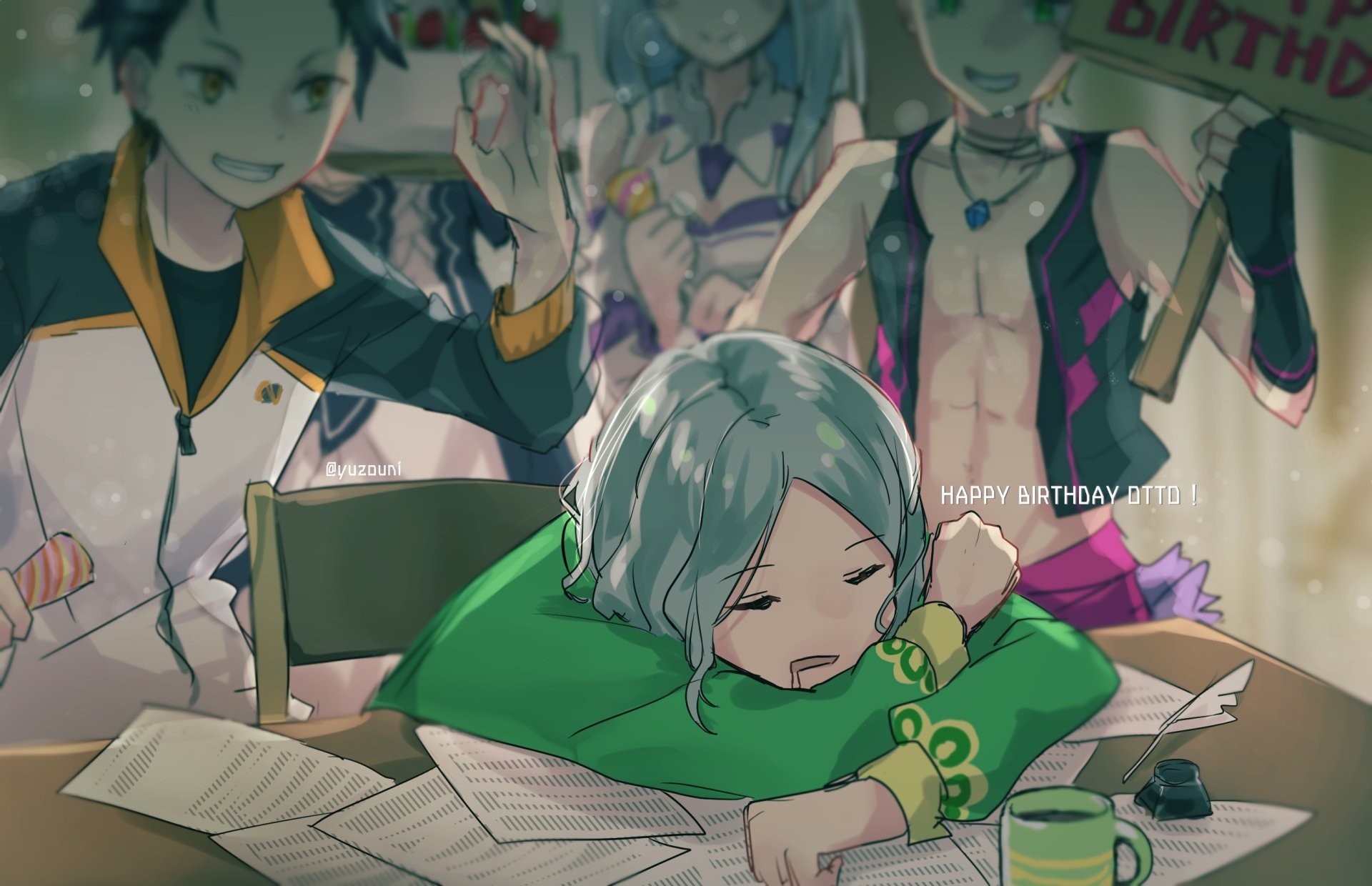 HD anime desktop wallpaper featuring Subaru Natsuki, Emilia, Otto Suwen, and Garfiel Tinsel from Re:Zero - Starting Life in Another World celebrating Otto's birthday.