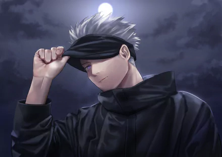 HD desktop wallpaper featuring Satoru Gojo from the anime Jujutsu Kaisen, wearing a black outfit and lifting his blindfold against a dark, cloudy backdrop.