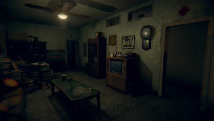 HD wallpaper featuring a dimly lit vintage room with a retro TV, symbolizing the game Devotion.