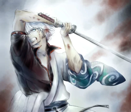 HD anime wallpaper featuring Gintoki Sakata from Gintama, wielding a sword with intense expression and dynamic smoke effects in the background.