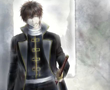 HD PC desktop wallpaper featuring Hijikata Toshizō from the anime Gintama, depicted holding a sword with a dark, moody background.