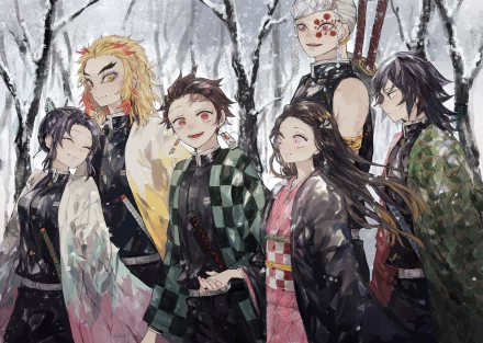 HD wallpaper featuring characters Kyojuro Rengoku, Tengen Uzui, Giyuu Tomioka, Shinobu Kochou, Nezuko Kamado, and Tanjiro Kamado from the anime Demon Slayer: Kimetsu no Yaiba, set against a snowy background.