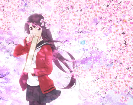 Anime HD wallpaper of Nanako Yukishiro from Senryuu Girl with long purple hair in a school uniform, surrounded by blooming cherry blossoms.