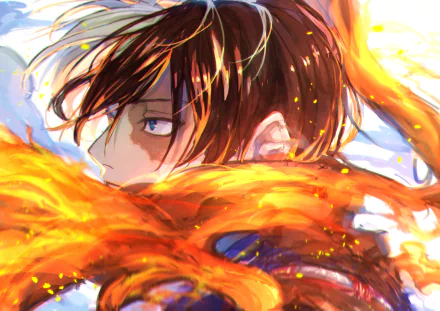 Vibrant 4K Ultra HD anime wallpaper featuring Shoto Todoroki from My Hero Academia, with fiery flames and detailed character art against a bright background.