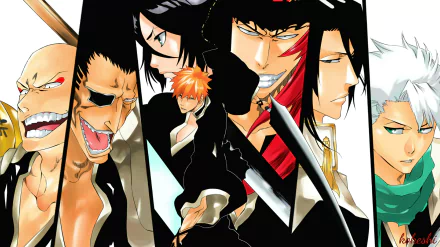 HD Bleach anime desktop wallpaper featuring Renji Abarai, Kenpachi Zaraki, Tōshirō Hitsugaya, Rukia Kuchiki, Byakuya Kuchiki, and Ichigo Kurosaki.