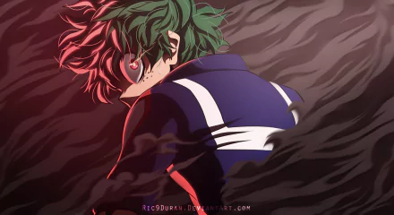 HD wallpaper featuring Izuku Midoriya from My Hero Academia, depicted with intense green hair and dynamic pose against a dark, swirling backdrop.