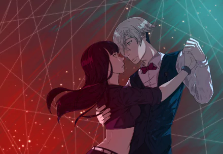 Chiyuki and Decim from Death Parade dance closely against a dynamic red and teal background in this HD anime desktop wallpaper.